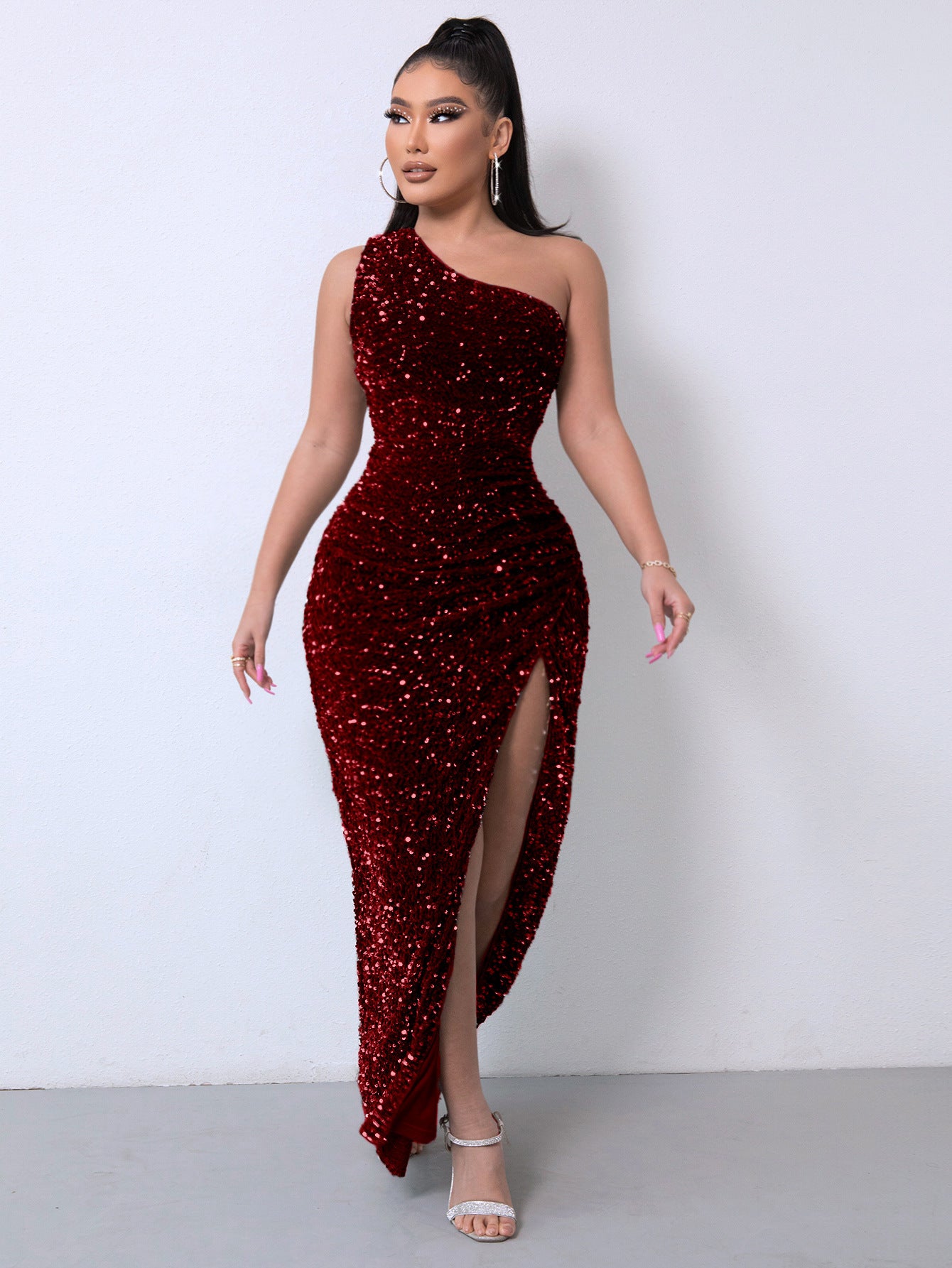 Foreign Sleeveless One Shoulder Slash Neck Sequins Gorgeous Slit Women's Dress