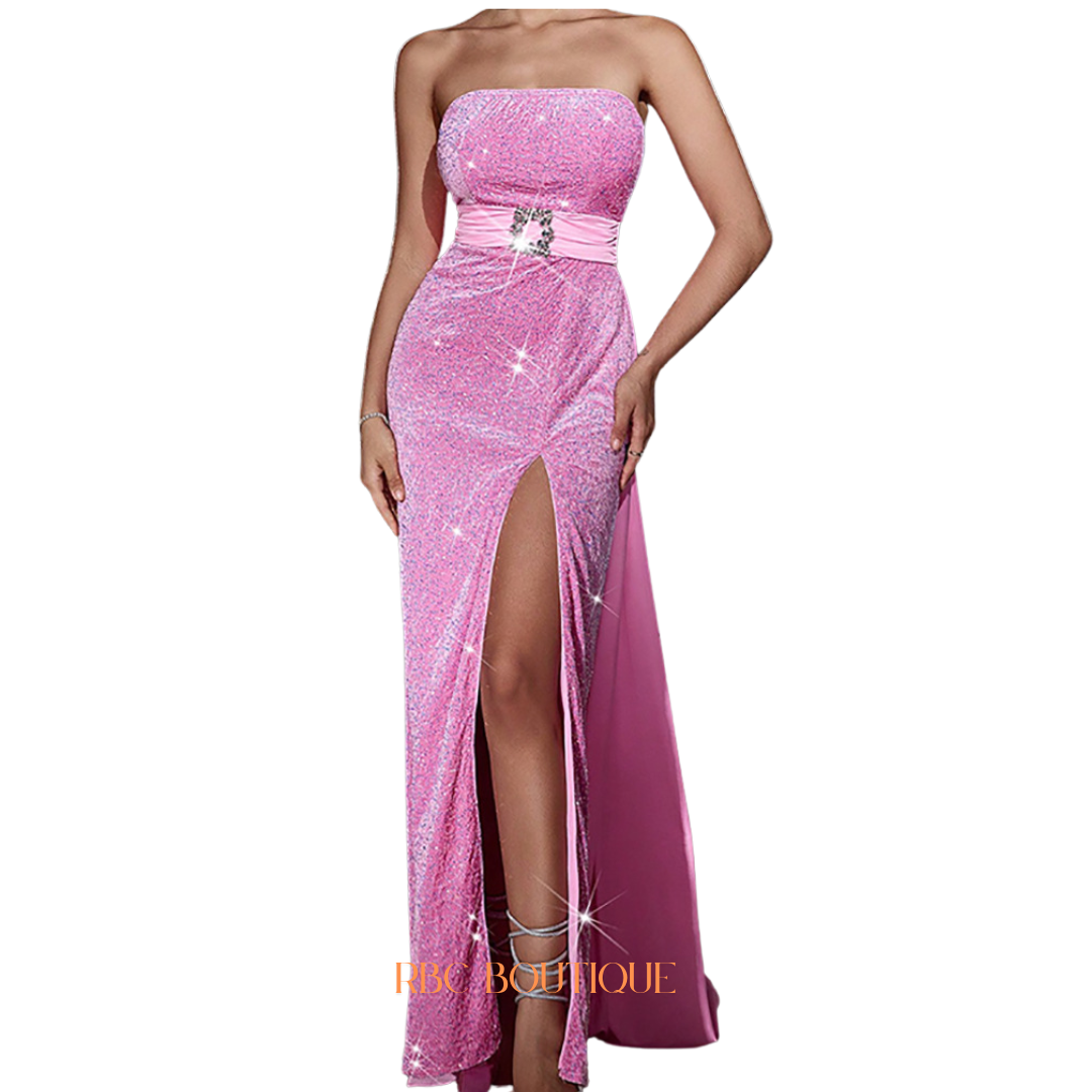 Velvet Sequined Cinched Waist Slim-fit Tube Top Banquet Dress