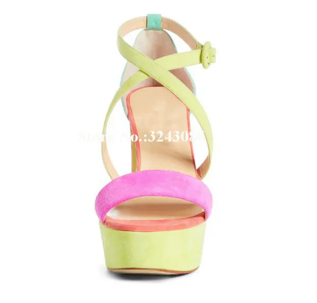 Lady New Candy Color Platform Chunky Heel Sandals Fashion Suede Leather Cross Strap Thick Heel Gladiator Sandals Women Shoes
