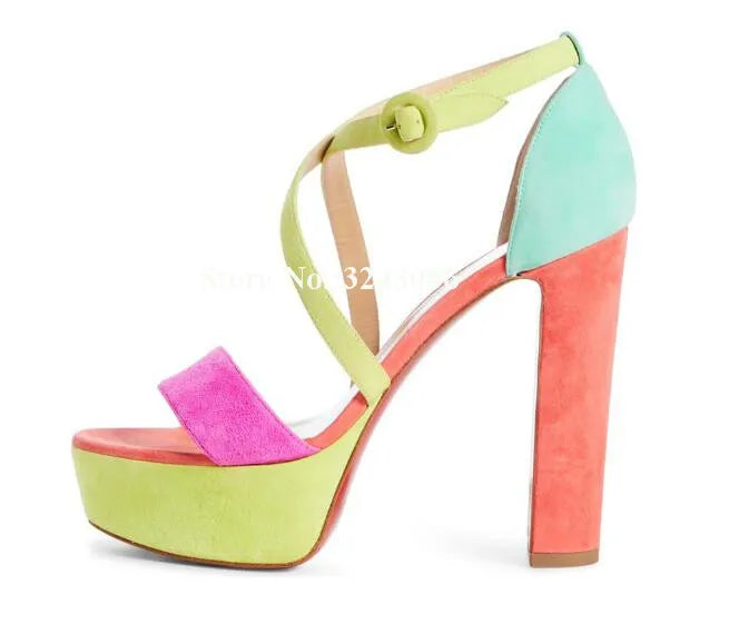 Lady New Candy Color Platform Chunky Heel Sandals Fashion Suede Leather Cross Strap Thick Heel Gladiator Sandals Women Shoes