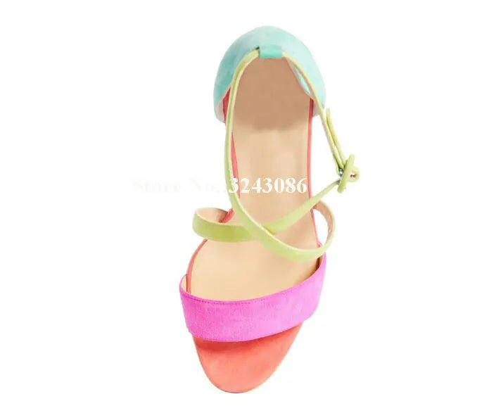Lady New Candy Color Platform Chunky Heel Sandals Fashion Suede Leather Cross Strap Thick Heel Gladiator Sandals Women Shoes