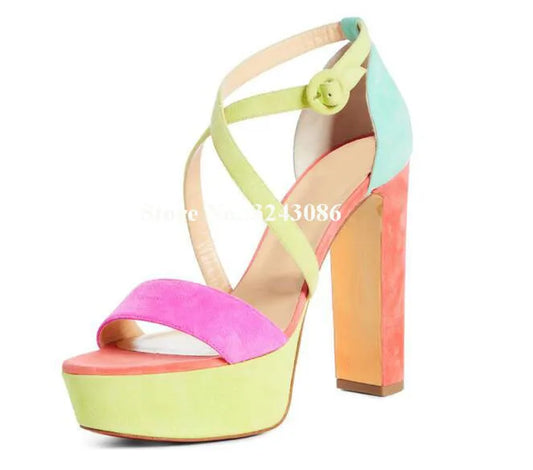 Lady New Candy Color Platform Chunky Heel Sandals Fashion Suede Leather Cross Strap Thick Heel Gladiator Sandals Women Shoes